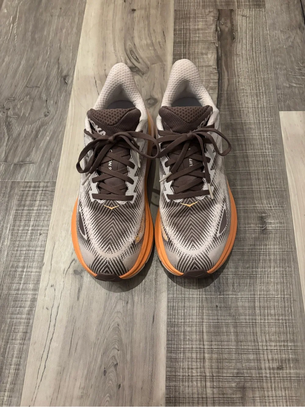 Hoka Women's Running Shoes - Taupe with Orange and Yellow Accents